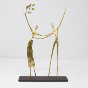Limited edition bronze sculpture featuring couple of figures embracing and celebrating in metallic hues by Greek artist Anna Andreadi