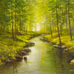 original oil on canvas painting of a woodland river scene featuring a forest captured in vivid greens by talented German artist Gerhard Nesvadba