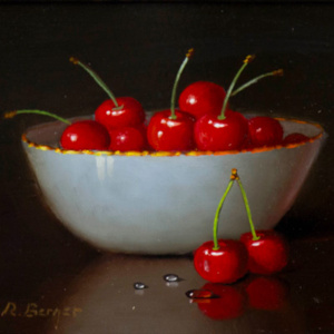 original oil painting of a bowl of cherries against a dark backdrop