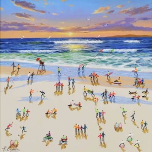 Original mixed media painting featuring a full beach full of characters playing different sports from yoga, surfing or flying a kite to sun bathing, playing bat and ball or just walking by the shore in uplifting neon colours by talented artist Paola Cassais