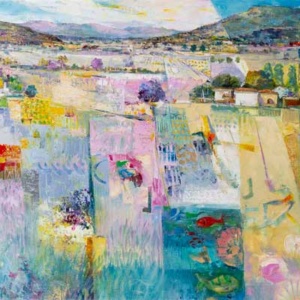 original Oil on Canvas painting of an abstracted landscape featuring patchwork layering and vivid colour in psychedelic style by talented Italian artist Mario Malfer